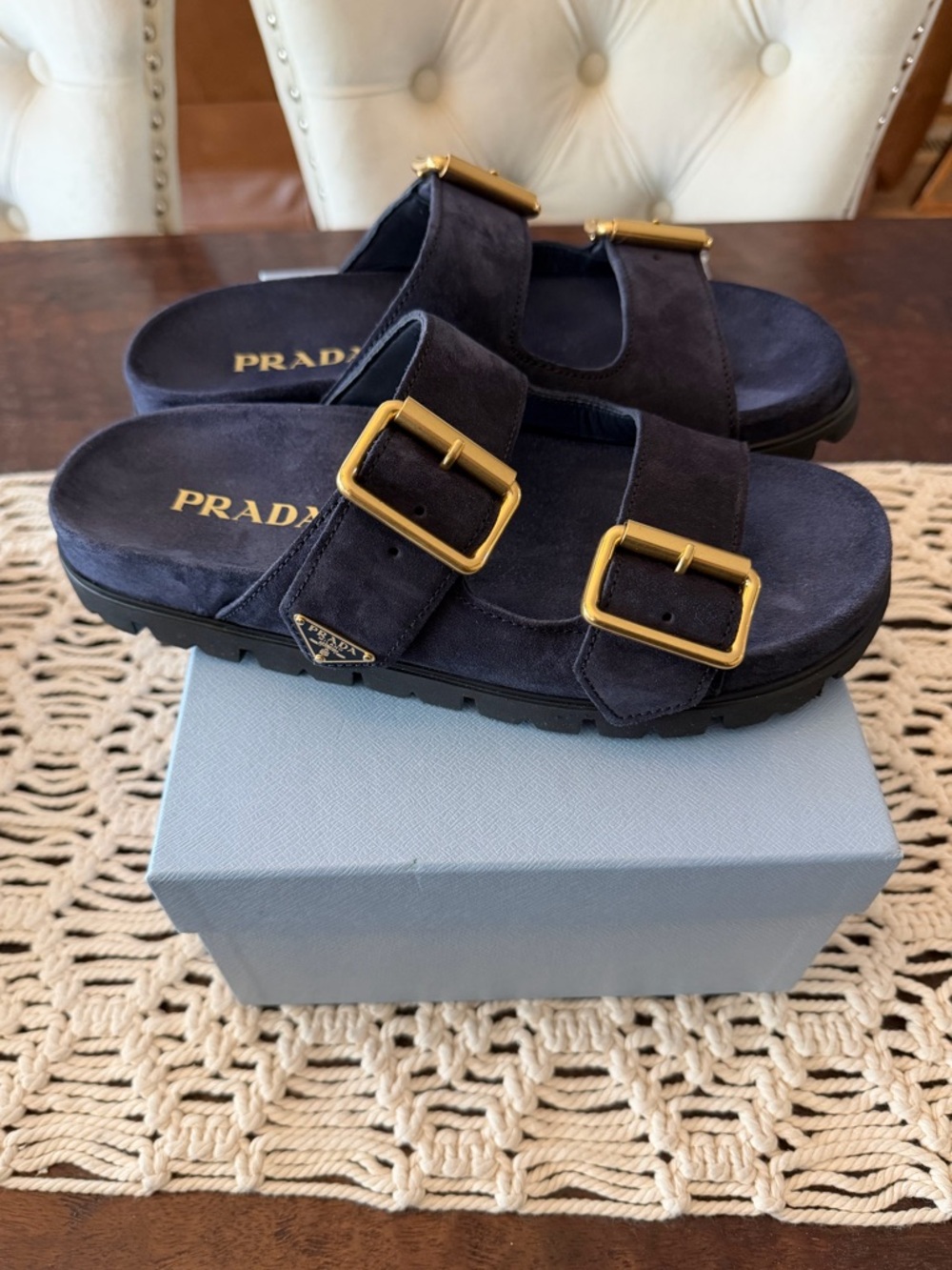 Prada Suede Double Buckle Slide Sandals - Size 39 (9) - Blue - New in Box - Picture 3 of 6